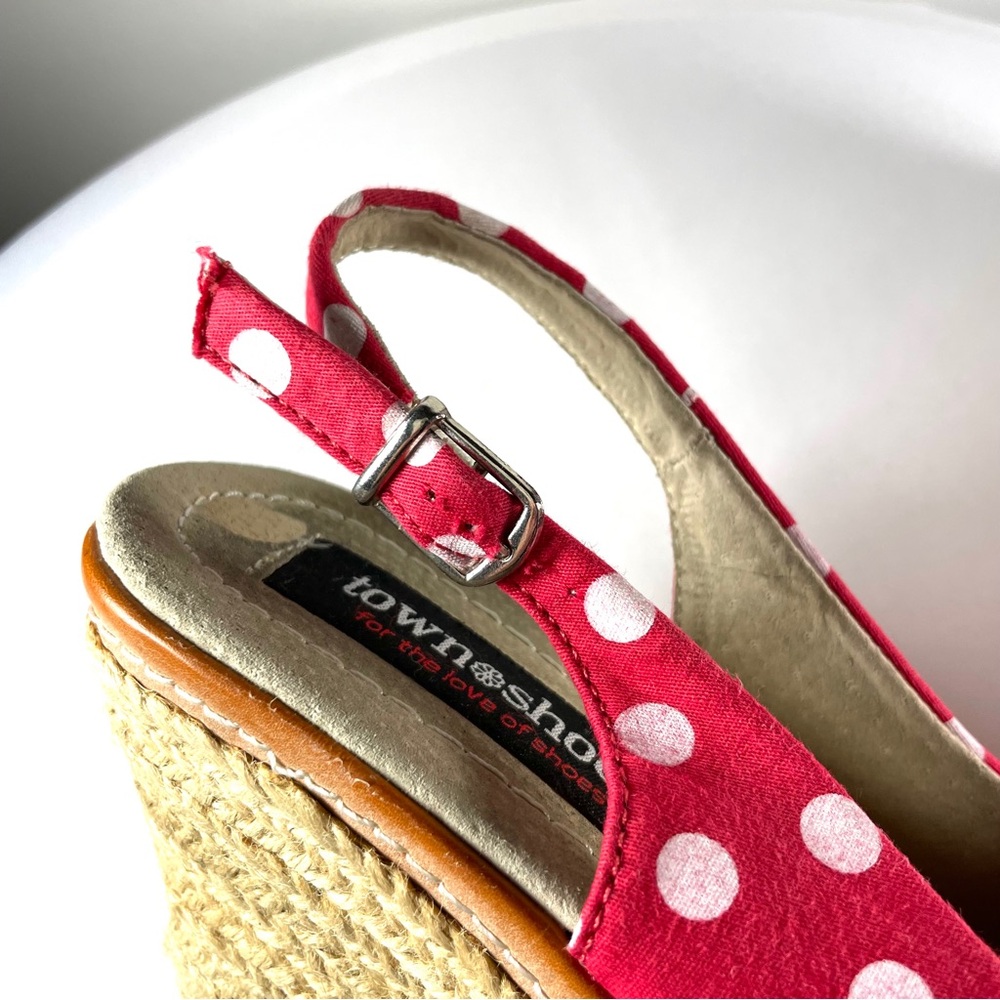Townshoes Red and White Polka-Dot Bow Espadrille Sling-Back Wedge Sandals Sz7 - Picture 11 of 14